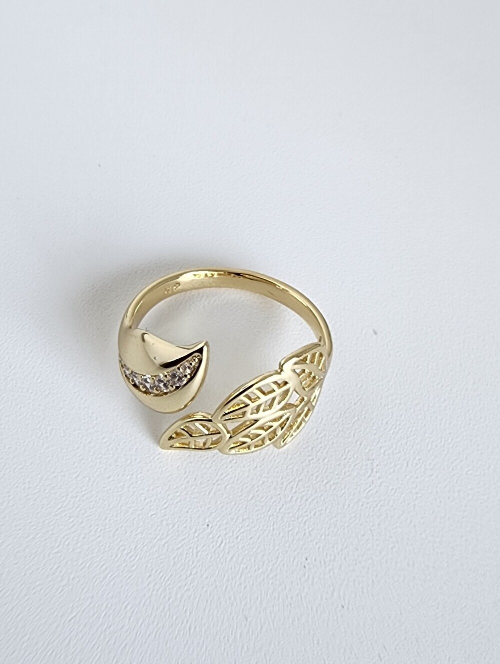 Gold Leaf Open Ring Zirconia Adjustable Size 8 Statement Ring